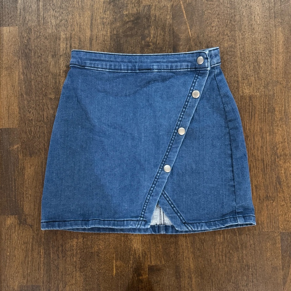 Free People Denim Wrap Mini Skirt | Size 2 High-Waisted Snap Button‎ Jean Skirt